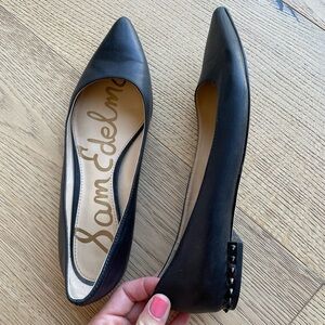 Sam Edelman Black Pointed-Toe Leather Flats with Studded Heel Accent